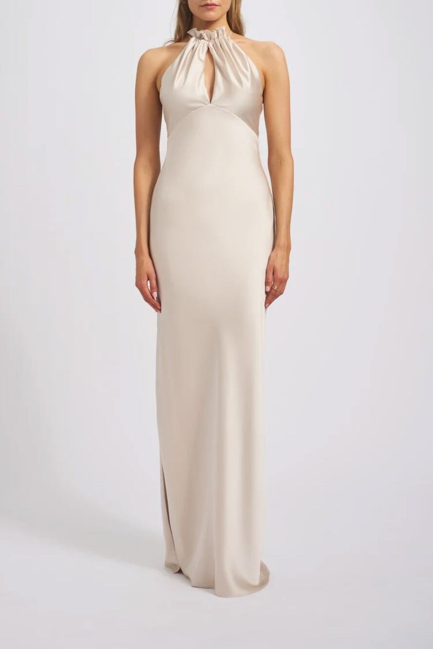 NWT Amsale Kairi Champagne Satin Keyhole Detail Sheath Gown GB304S US 12
